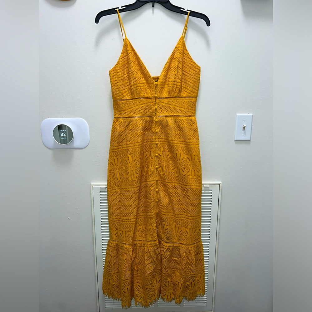 Lulu's Gold Ruffled Tiered Midi Sundress